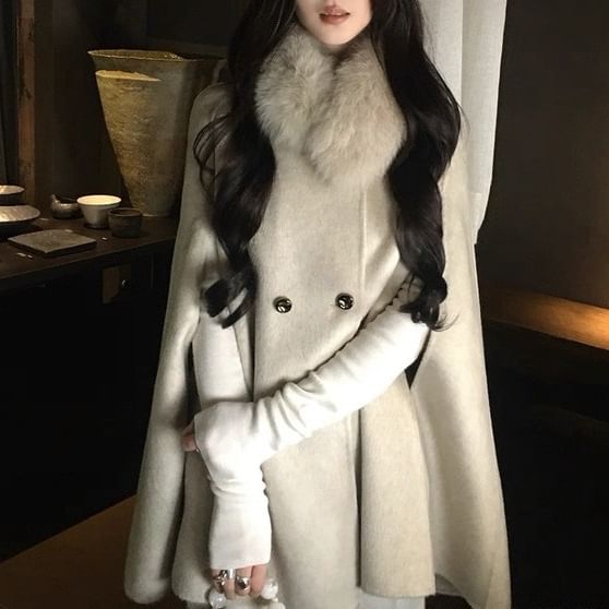 Detachable Faux Fur Collar Plain Double Breasted Cape