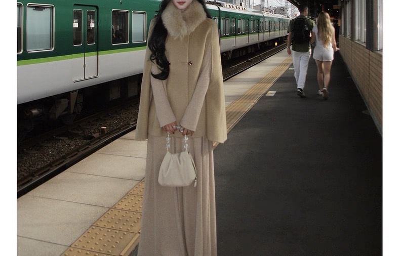 Detachable Faux Fur Collar Plain Double Breasted Cape