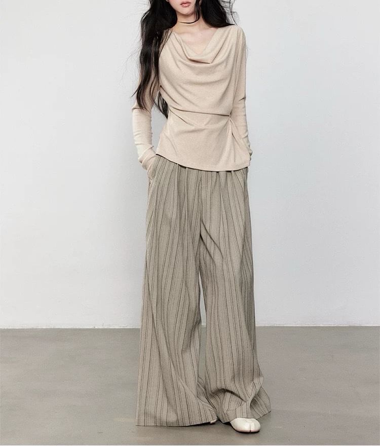 Long Sleeve Cowl Neck Plain Ruched Top / High Waist Striped Wide Leg Pants