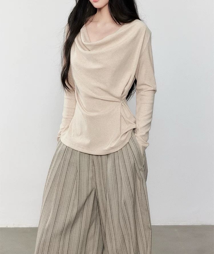 Long Sleeve Cowl Neck Plain Ruched Top / High Waist Striped Wide Leg Pants