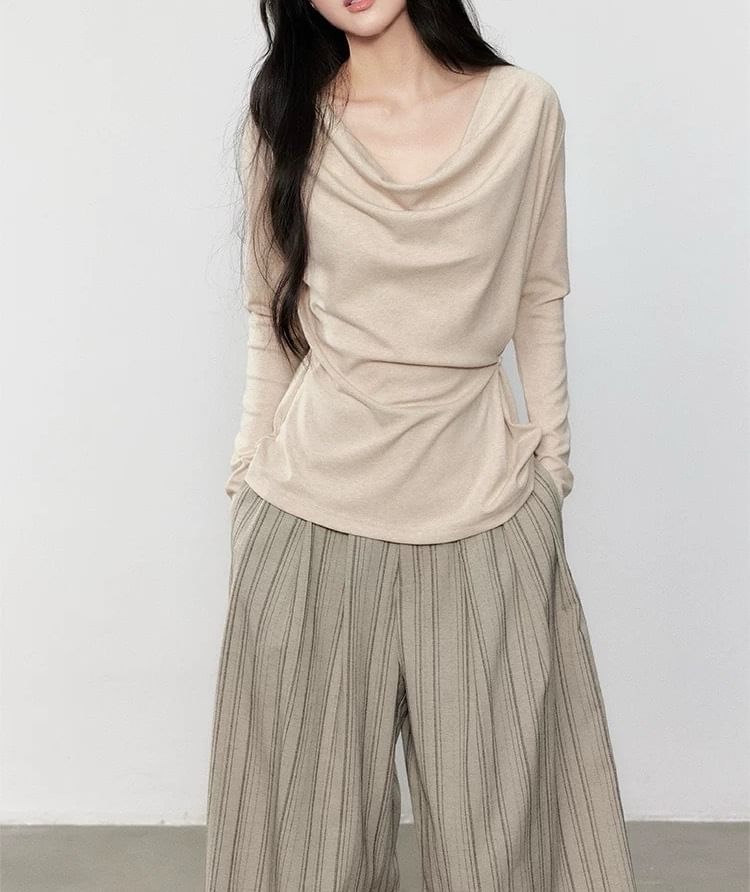 Long Sleeve Cowl Neck Plain Ruched Top / High Waist Striped Wide Leg Pants