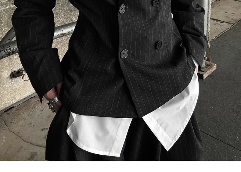 Pinstriped Peak-Lapel Double-Breasted Blazer, Baggy High-Waist Pants & Plain Collared Shirt