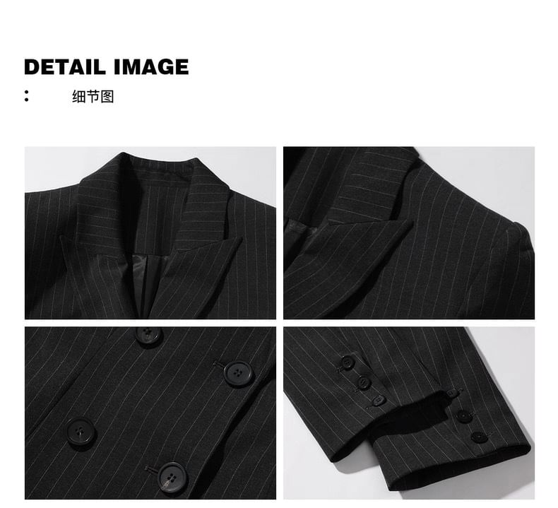 Pinstriped Peak-Lapel Double-Breasted Blazer, Baggy High-Waist Pants & Plain Collared Shirt