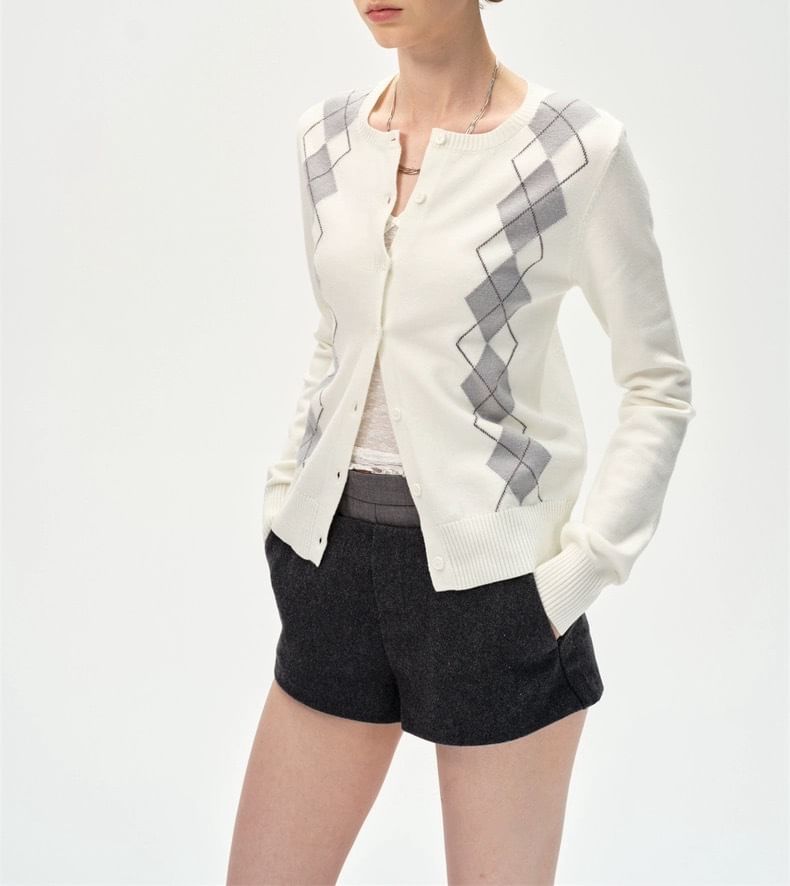 Round Neck Argyle Cardigan