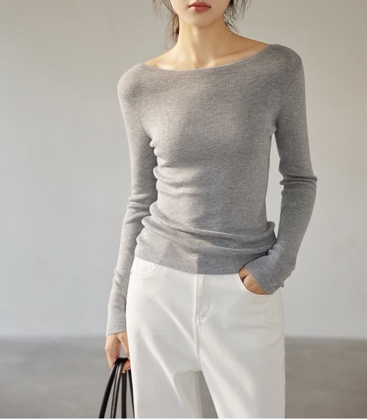 Long Sleeve Boat Neck Plain Knit Top