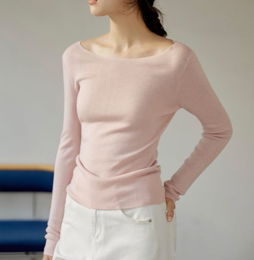 Long Sleeve Boat Neck Plain Knit Top