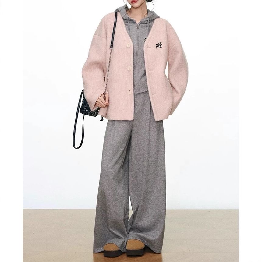 V-Neck Lettering Embroidered Button Jacket / Zip Hoodie / Elastic Waist Plain Wide Leg Pants