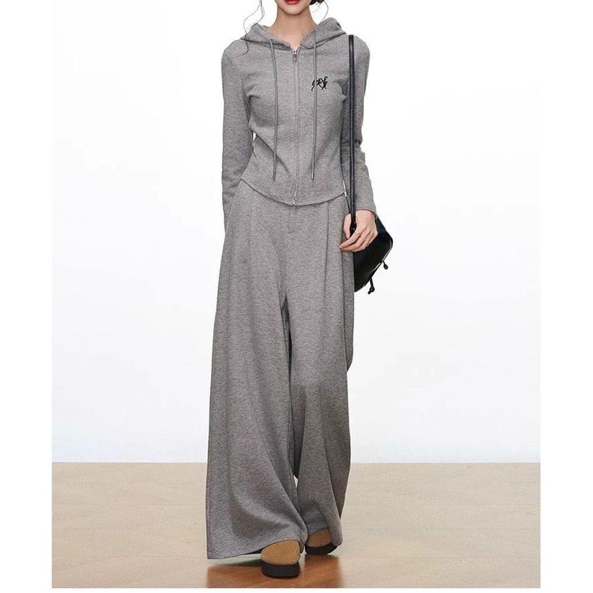 V-Neck Lettering Embroidered Button Jacket / Zip Hoodie / Elastic Waist Plain Wide Leg Pants