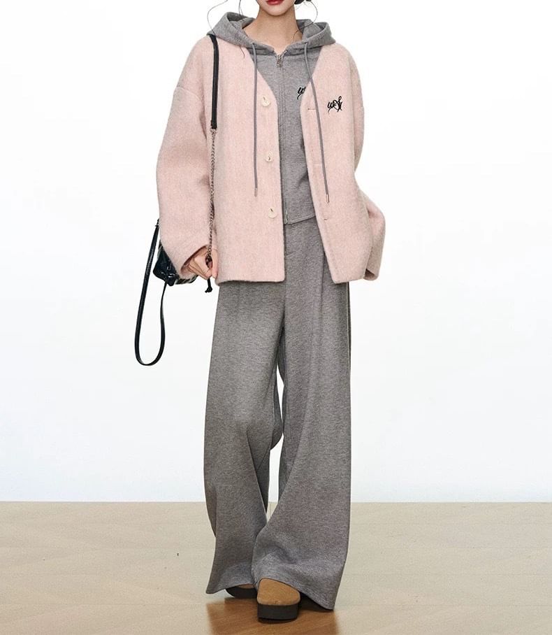 V-Neck Lettering Embroidered Button Jacket / Zip Hoodie / Elastic Waist Plain Wide Leg Pants