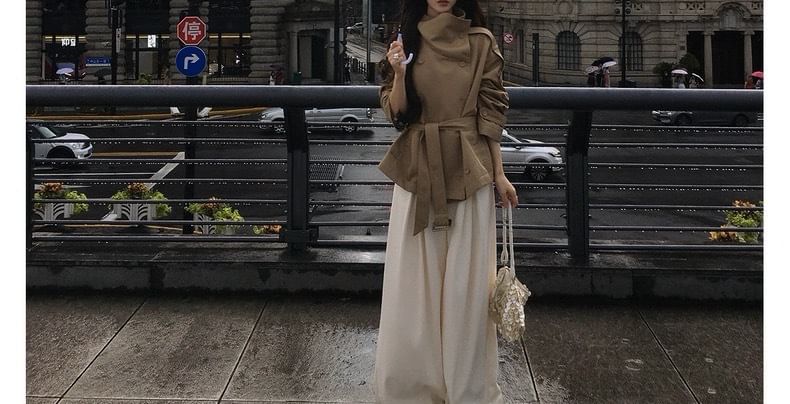 Stand Collar Plain Double Breasted Trench Jacket