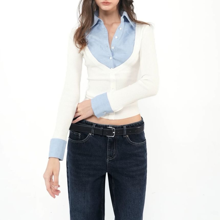 Long Sleeve Collared Mock Two Piece Button Ribbed Knit Top