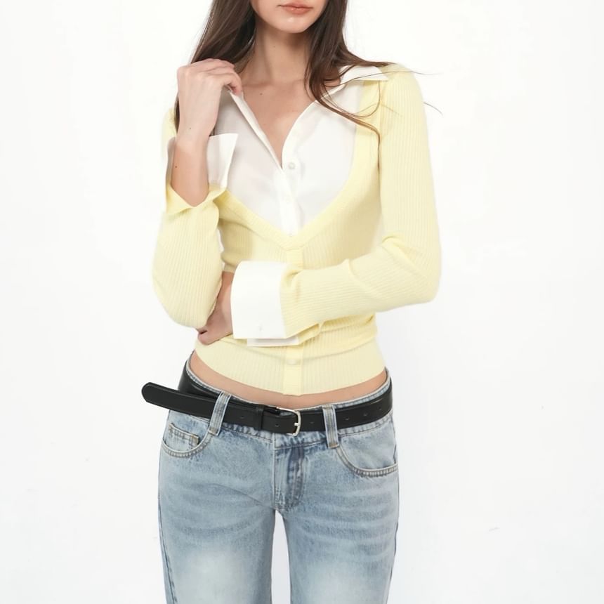Long Sleeve Collared Mock Two Piece Button Ribbed Knit Top