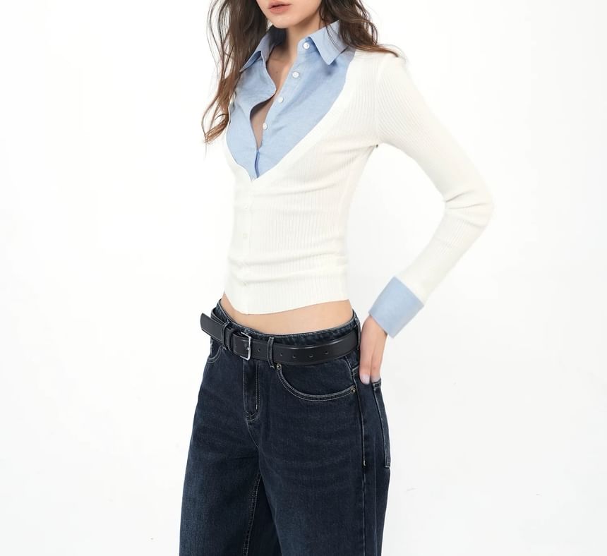 Long Sleeve Collared Mock Two Piece Button Ribbed Knit Top