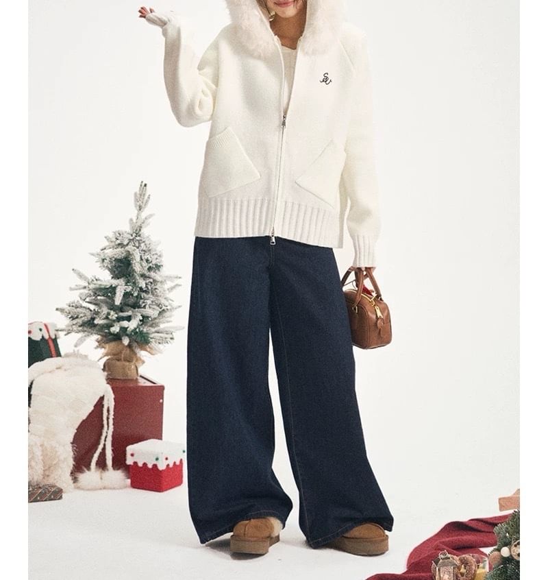 Lettering Embroidered Fluffy Trim Hood Zip Cardigan