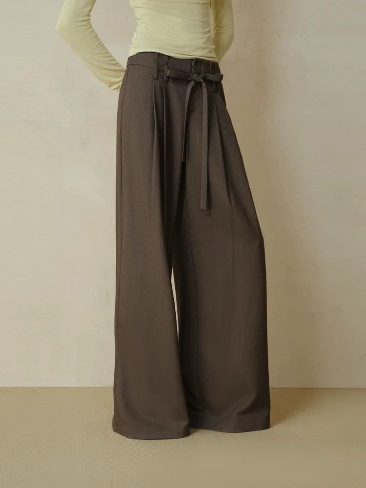 Long Sleeve Scarf Neck Plain Glitter Blouse / High Rise Plain Pleated Wide Leg Pants