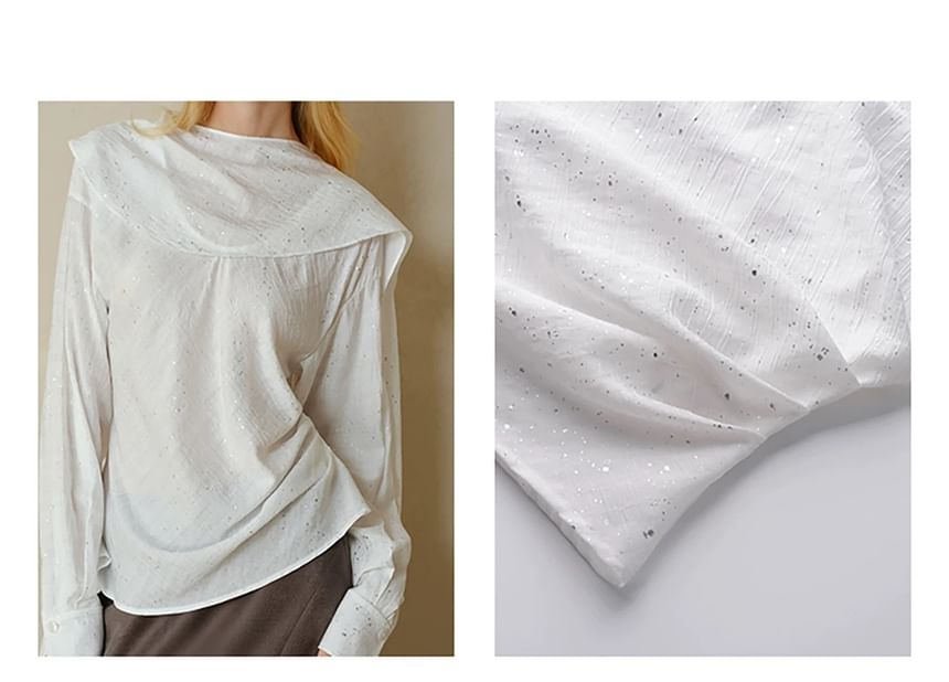 Long Sleeve Scarf Neck Plain Glitter Blouse / High Rise Plain Pleated Wide Leg Pants