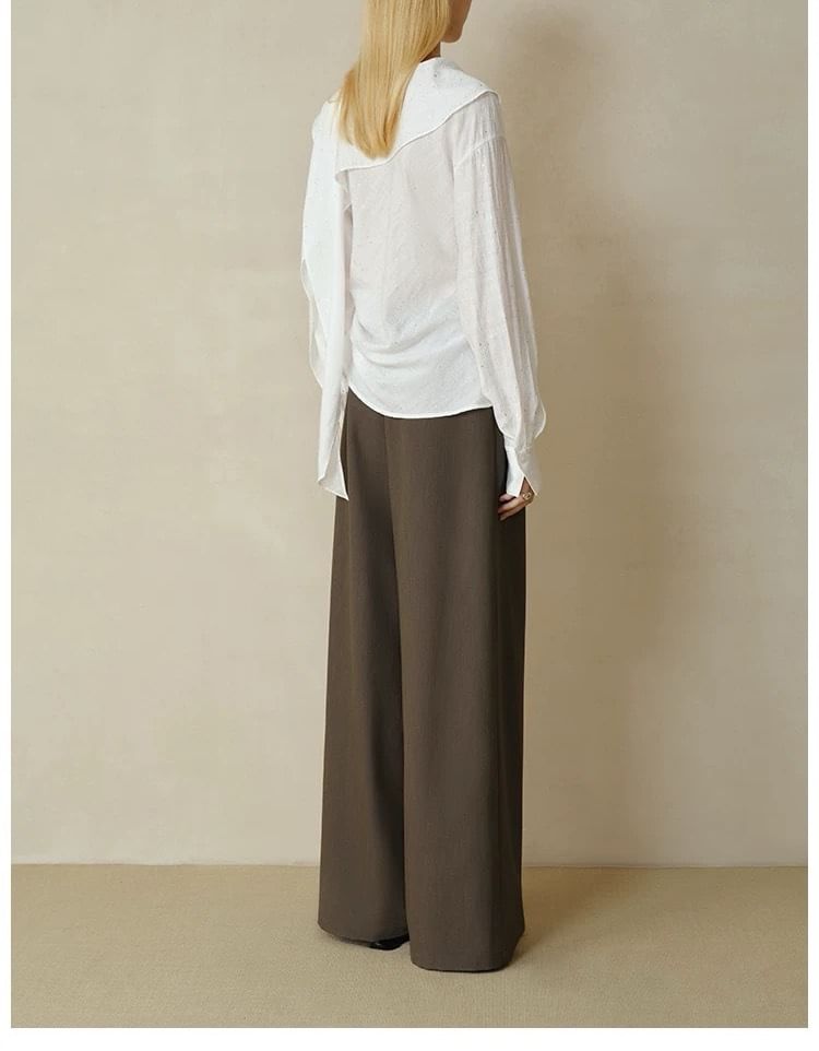 Long Sleeve Scarf Neck Plain Glitter Blouse / High Rise Plain Pleated Wide Leg Pants