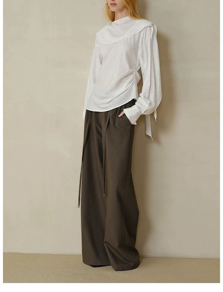 Long Sleeve Scarf Neck Plain Glitter Blouse / High Rise Plain Pleated Wide Leg Pants