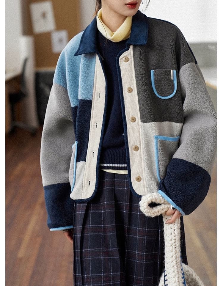 Collared Color Block Corduroy Panel Fleece Button Jacket