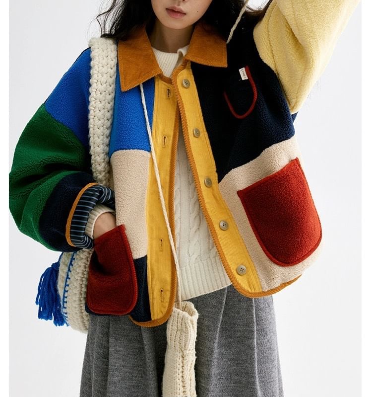 Collared Color Block Corduroy Panel Fleece Button Jacket