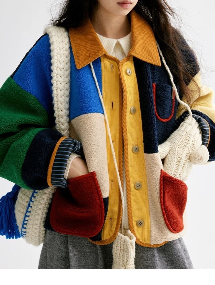 Collared Color Block Corduroy Panel Fleece Button Jacket
