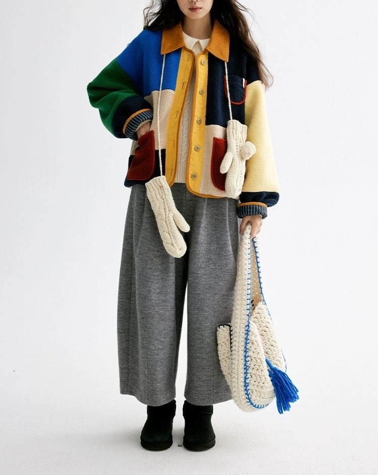 Collared Color Block Corduroy Panel Fleece Button Jacket