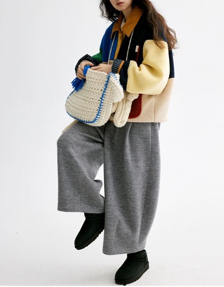 Collared Color Block Corduroy Panel Fleece Button Jacket