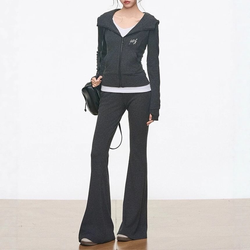 Lettering Embroidered Zip Hoodie / High Waist Plain Flared Pants / Long Sleeve V-Neck Embroidered Tee
