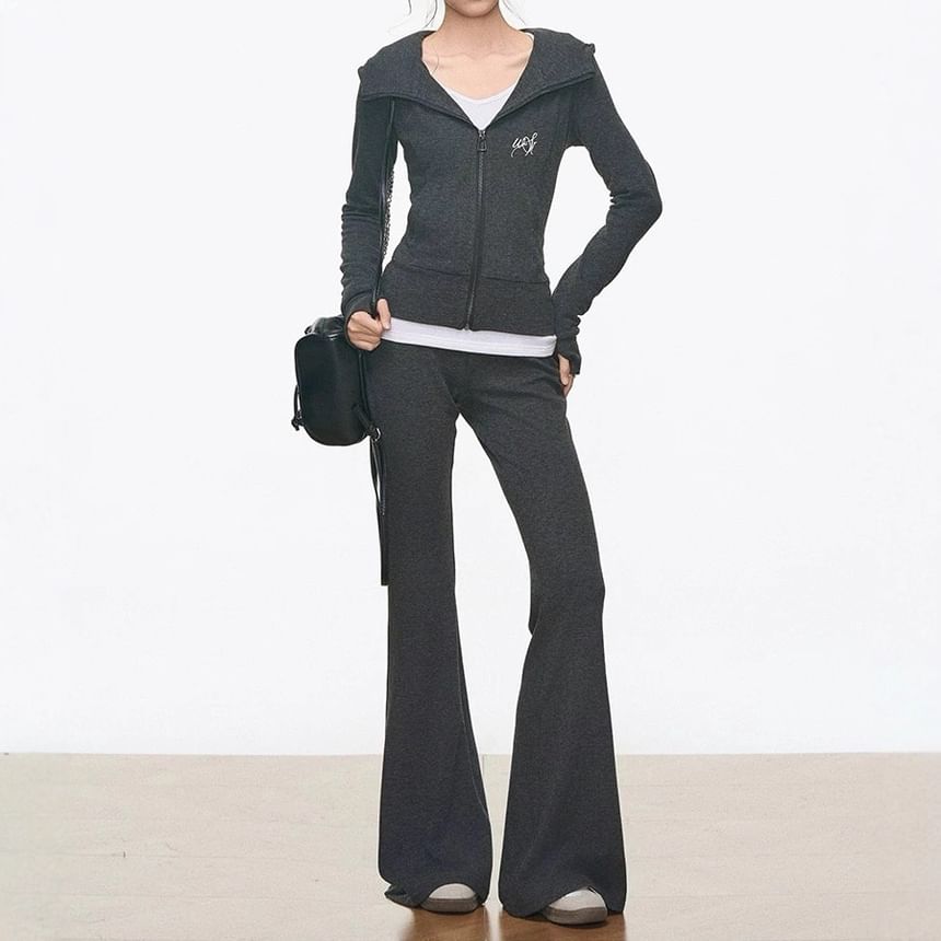 Lettering Embroidered Zip Hoodie / High Waist Plain Flared Pants / Long Sleeve V-Neck Embroidered Tee