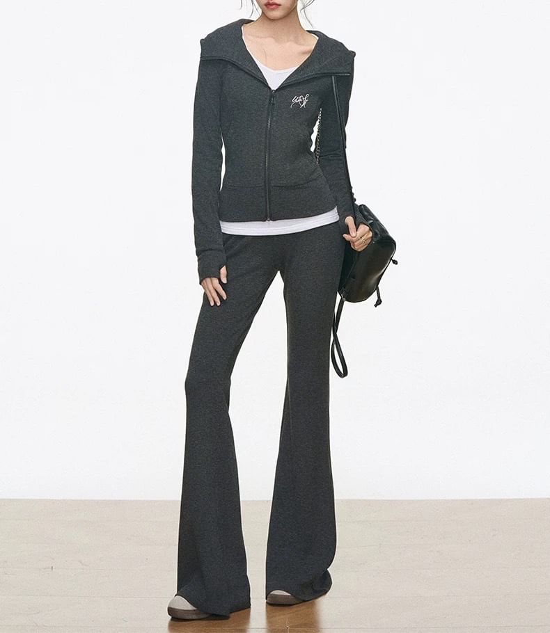 Lettering Embroidered Zip Hoodie / High Waist Plain Flared Pants / Long Sleeve V-Neck Embroidered Tee
