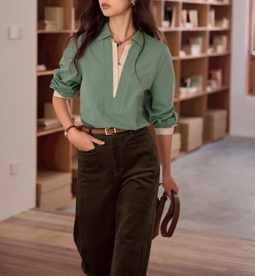 Two-Tone Panelled Collared Long-Sleeve Shirt