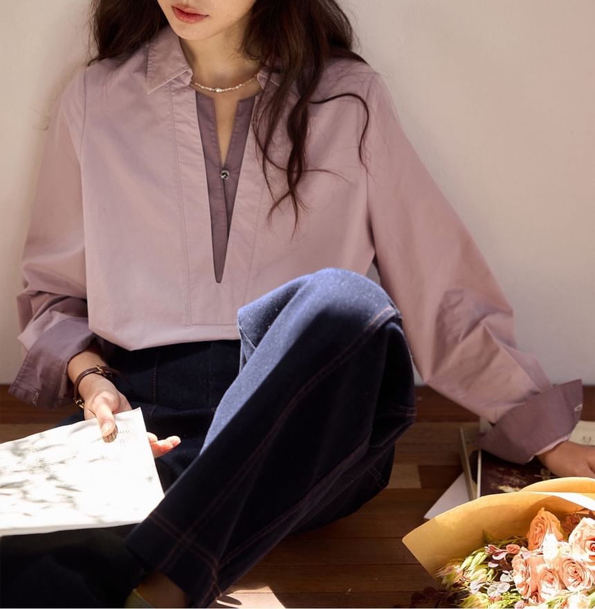 Two-Tone Panelled Collared Long-Sleeve Shirt