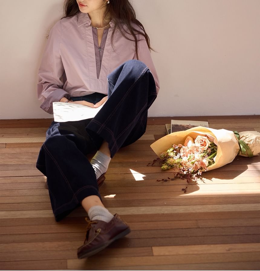 Two-Tone Panelled Collared Long-Sleeve Shirt
