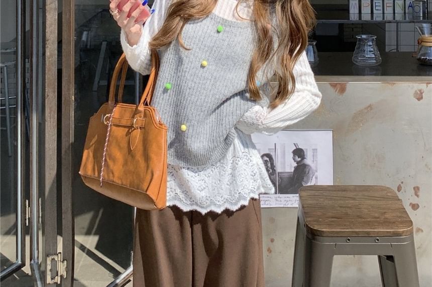 Ribbed Pom-Pom Round-Neck Sweater Vest & Lace Long-Sleeve Top