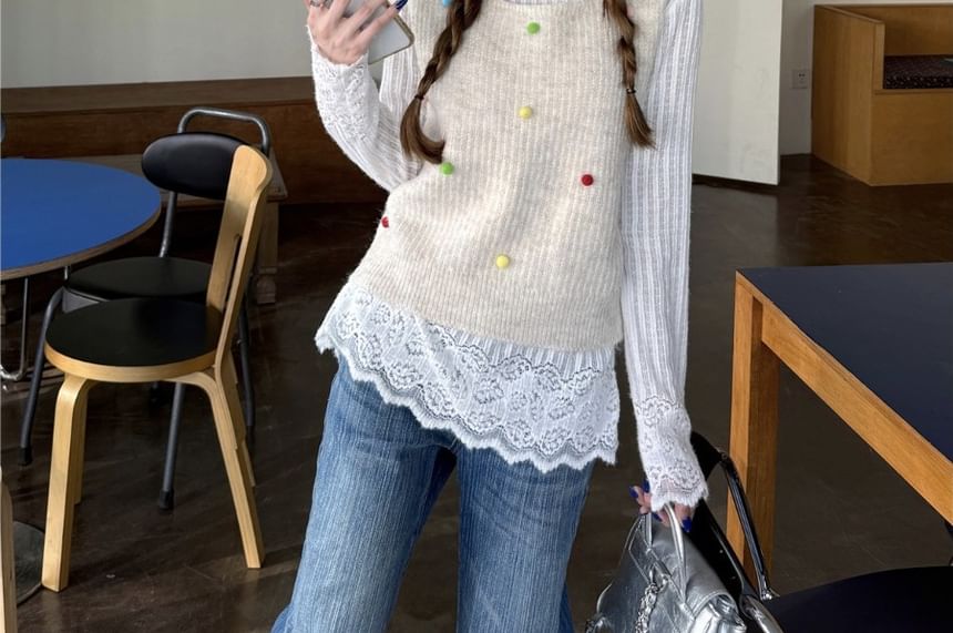 Ribbed Pom-Pom Round-Neck Sweater Vest & Lace Long-Sleeve Top