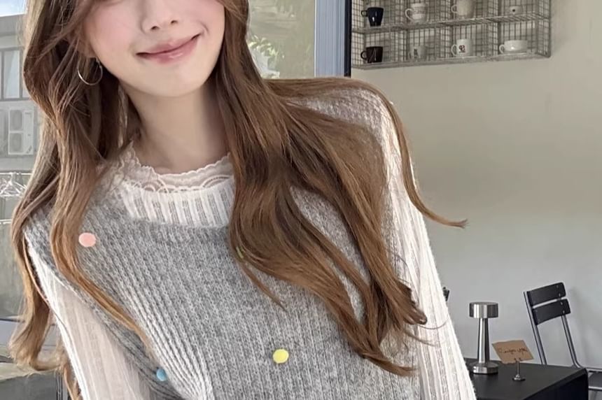 Ribbed Pom-Pom Round-Neck Sweater Vest & Lace Long-Sleeve Top