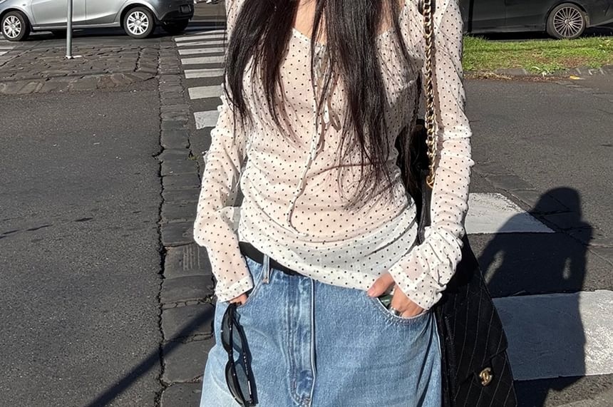 Dotted Mesh U-Neck Crop Top with Long Sleeves