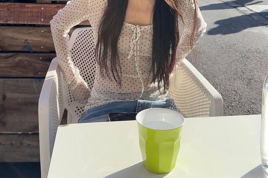 Dotted Mesh U-Neck Crop Top with Long Sleeves