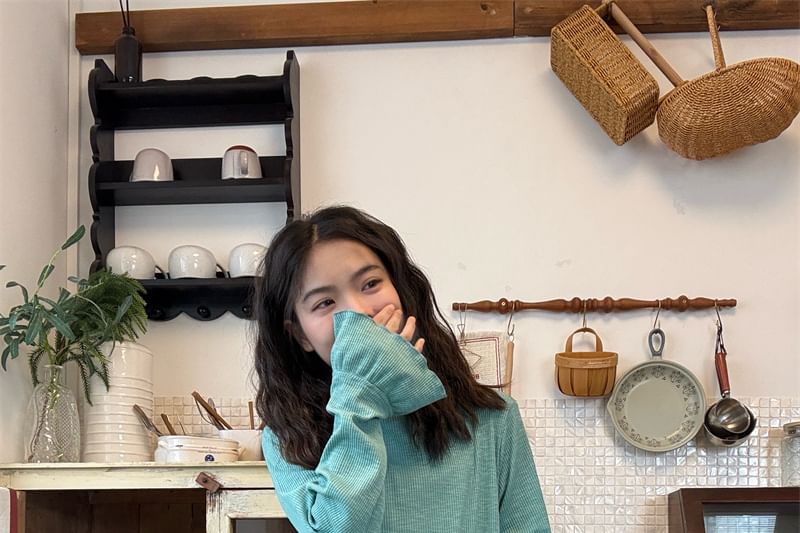 Asymmetrical Frill Trim Solid T-Shirt with Long Sleeves