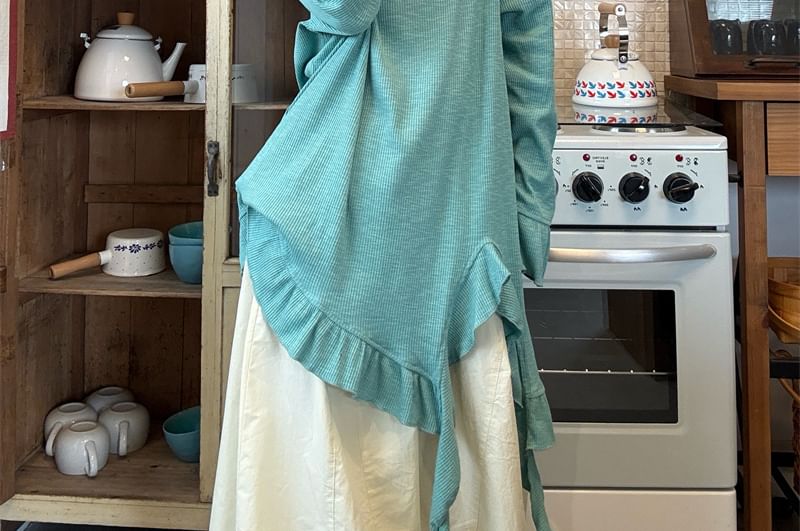 Asymmetrical Frill Trim Solid T-Shirt with Long Sleeves