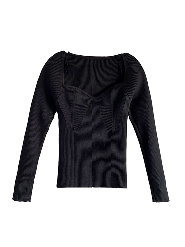 V-Neck Long Sleeve Solid Ribbed Slim Fit Knit Top