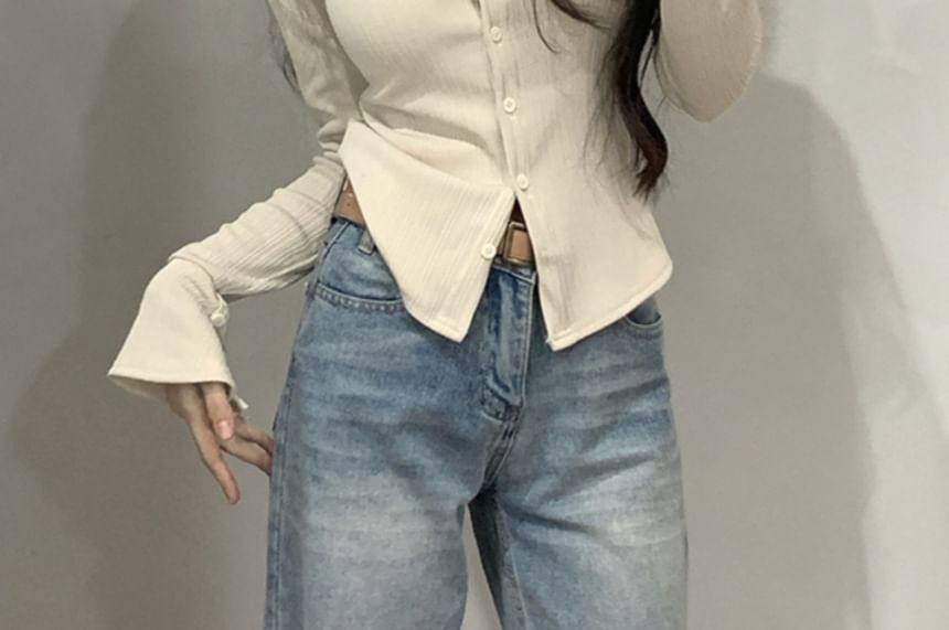 Collared Long Sleeve Button-Up Solid Slim Fit Top