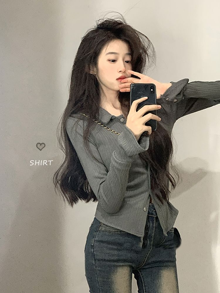 Collared Long Sleeve Button-Up Solid Slim Fit Top
