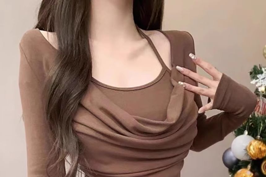 Mock Two-Piece Long Sleeve Halter Neck Solid Ruched Slim Fit Tee