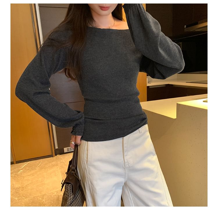 One-Shoulder Long-Sleeve Plain Knit Top