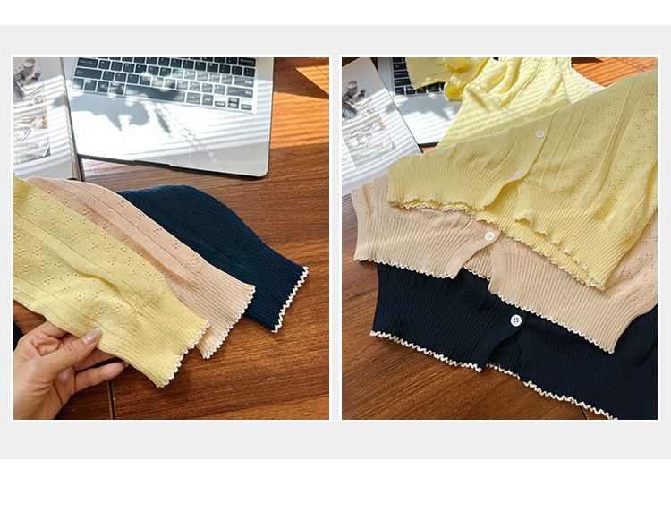 Round-Neck Contrast-Trim Pointelle Cardigan & Plain Camisole Set