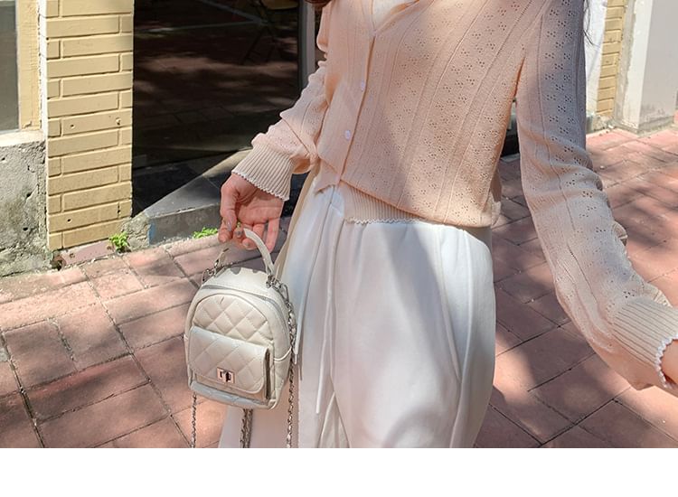 Round-Neck Contrast-Trim Pointelle Cardigan & Plain Camisole Set