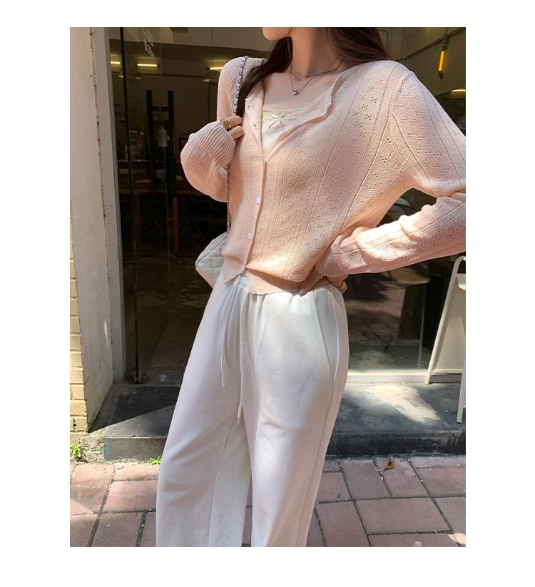 Round-Neck Contrast-Trim Pointelle Cardigan & Plain Camisole Set