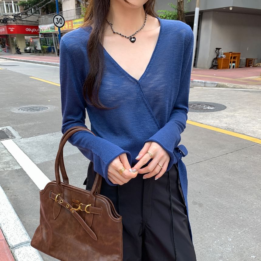 V-Neck Long-Sleeve Plain Tie-Front Knit Top