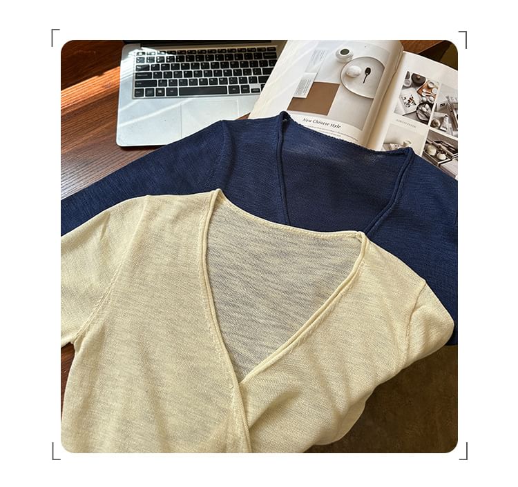 V-Neck Long-Sleeve Plain Tie-Front Knit Top